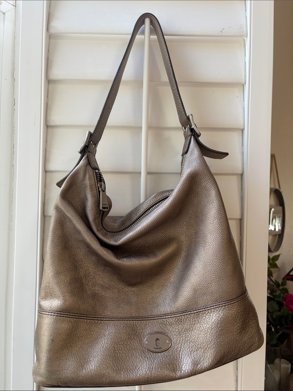 Fossil Metallic Bronze Pebbled Leather Shoulder Bag